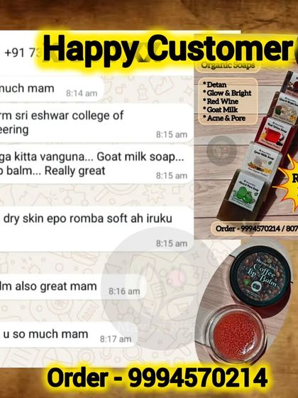 It feels so good to read messages like this. This customer from Sri Eshwar college loved the Goat Milk soap and lip balm, saying her dry skin has become very soft. Your happiness is my motivation.