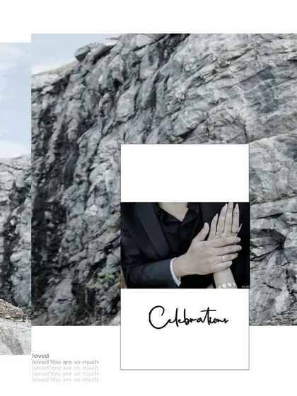 An artistic collage that combines a landscape, a detail shot of the couple's hands, and modern graphic design.