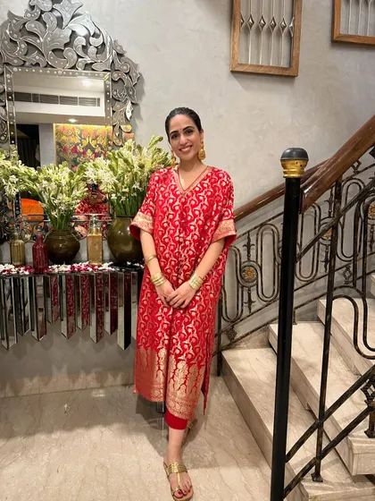 I designed this red Banarasi kaftan for a Diwali party. It's incredibly comfortable and the rich fabric makes it instantly festive.
