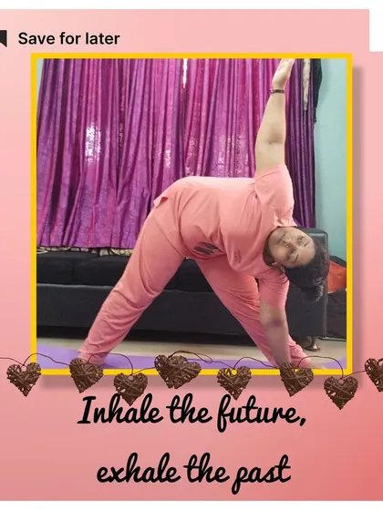 A photo of one of my students in Triangle Pose, paired with the quote, "Inhale the future, exhale the past." A beautiful capture from our community.