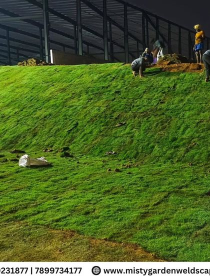 Even at night, the work continues to meet deadlines. Our dedicated team lays turf under lights to ensure the project is completed on schedule, transforming the landscape around the clock.
