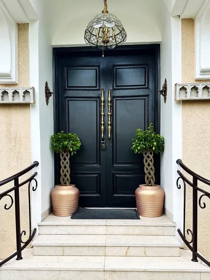 A grand entrance sets the tone for the entire home. Here, two braided Ficus trees in elegant copper-toned planters flank the main door, creating a symmetrical and sophisticated welcome for residents and guests.