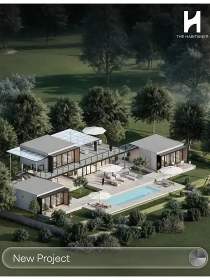 An aerial render of a new 2200 sq. ft. retreat home project in Byrapura. This view shows the overall layout of the property, including the main house, guest units, and a large swimming pool.
