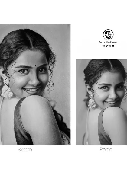 A sketch versus photo comparison of my portrait of actress Anupama Parameswaran. It highlights the accuracy of the drawing, from the curls in her hair to the subtle expression in her eyes.