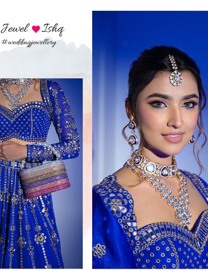 A closer look at the complete styling. The Polki choker and layered necklace are paired with matching earrings and a delicate maang tikka, creating a cohesive and regal look for any grand celebration.