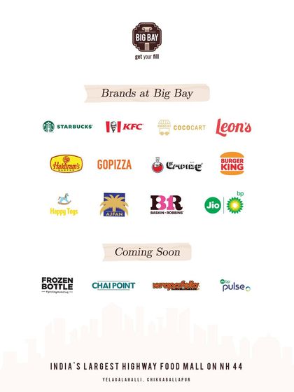 Here’s a look at the family of brands you'll find at Big Bay. We have everything from Starbucks and KFC to Haldiram's and Baskin Robbins, with more great names like Frozen Bottle and Chai Point coming soon.