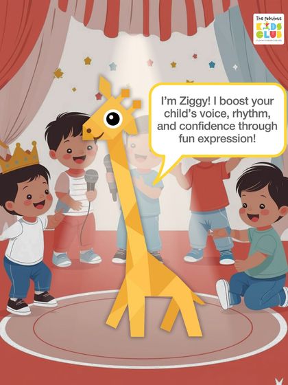 Meet Ziggy, our singing giraffe mascot. He represents how we use fun expression through music and performance to boost your child's voice, rhythm, and confidence, helping them shine on stage and in life.