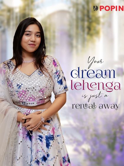 Your dream lehenga is just a rental away. This graphic showcases the unique and trendy tie-dye lehenga.