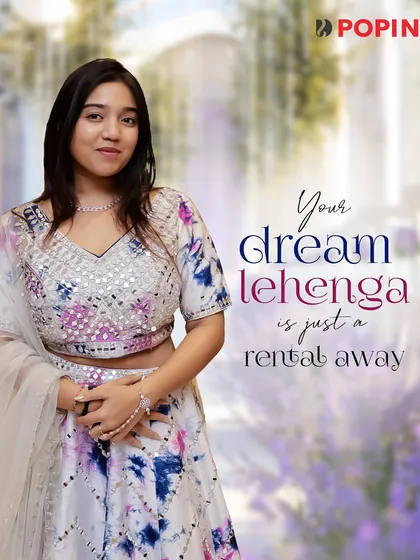 Your dream lehenga is just a rental away. This graphic showcases the unique and trendy tie-dye lehenga.