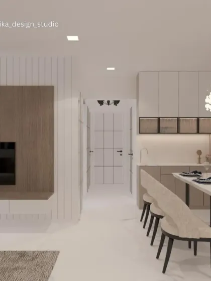 In this dining area concept, a modern crystal chandelier hangs above the table, adding a touch of glamour. The adjoining crockery unit with glass-front cabinets is perfect for displaying fine dinnerware while keeping the space organized.