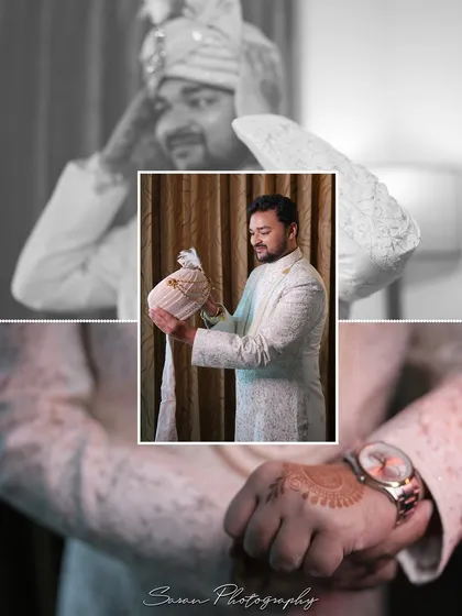 A collage capturing the groom getting ready, showing him with his turban and the details of his watch.