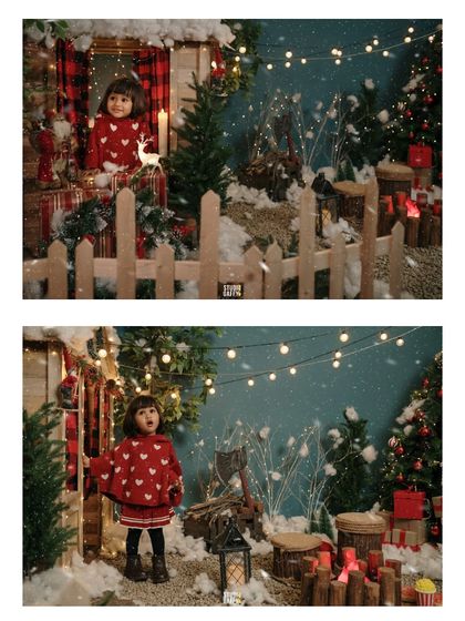 A collage showing the little girl exploring the magical, snowy Christmas cabin set.