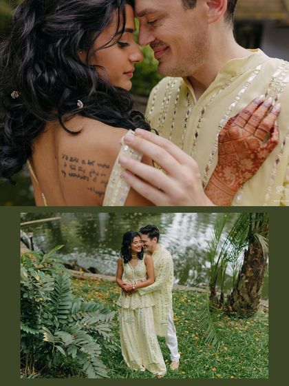 A collage showing the couple's tender connection during their Haldi shoot. The close-up of the bride's tattoo and their gentle embrace adds a personal and intimate layer to their story.