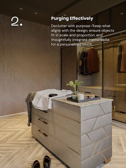 Effective purging and organization are key to a serene space. This image from our blog on decluttering shows a well-organized walk-in closet where every item has its place, aligning with the design and ensuring objects fit in scale and proportion.