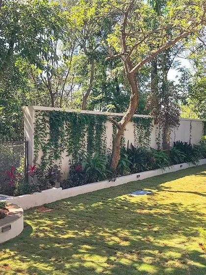 We used a combination of climbing plants and dense foliage along the boundary wall to create a living green curtain. This ensures complete privacy and a feeling of being enveloped by nature within the Khandala property.