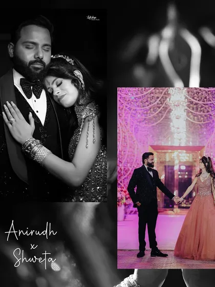 A modern couple's portrait from their engagement night. I wanted to capture both their stylish outfits and the quiet connection between them, creating a timeless black and white photo alongside a shot that shows the grand decor.