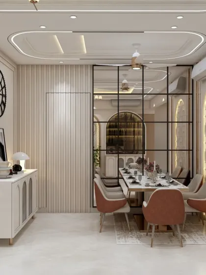 A view of the dining area, which is visually connected to the bar. The cohesive design with arches and neutral tones creates a harmonious and luxurious space.