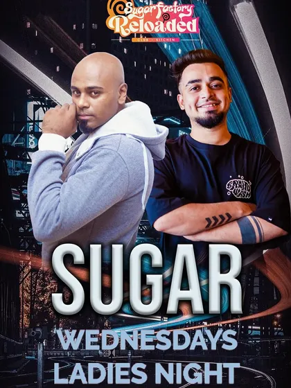 A flyer for a 'Sugar Wednesdays Ladies Night' with a city-themed background.
