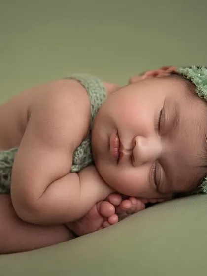 The 'taco' pose, showing the baby curled up and sleeping soundly. The matching green headband completes the look.