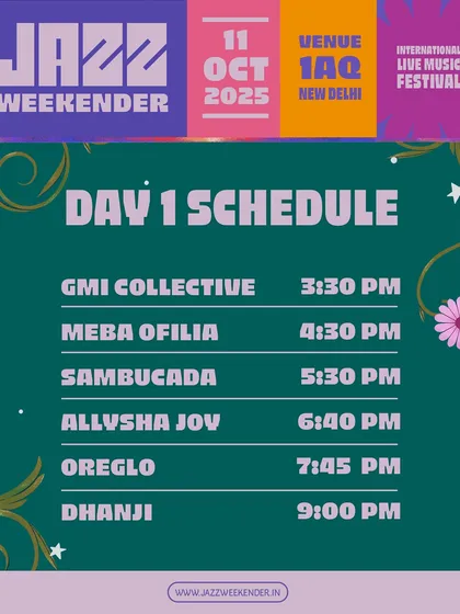The Day 1 schedule for Jazz Weekender. We meticulously plan set times to build the energy throughout the day, from the afternoon sun to the final headline act under the stars.