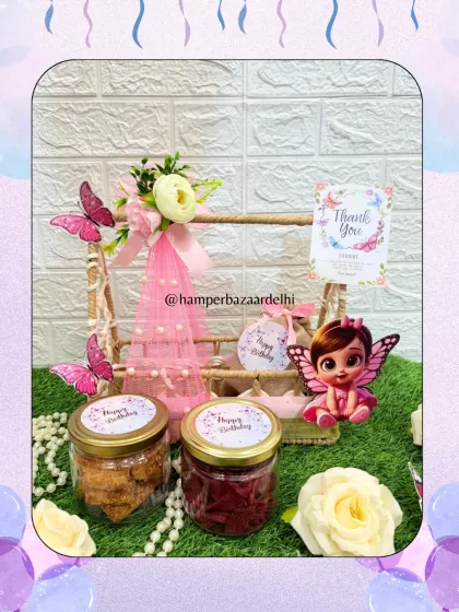 A lovely butterfly-themed hamper in a jute tray, perfect for birthdays on a budget.