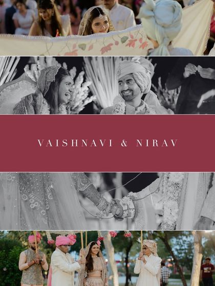 A collage of moments from Vaishnavi and Nirav's destination wedding in Udaipur. The black and white images with a deep red accent capture the timeless romance and heritage of Rajasthan.
