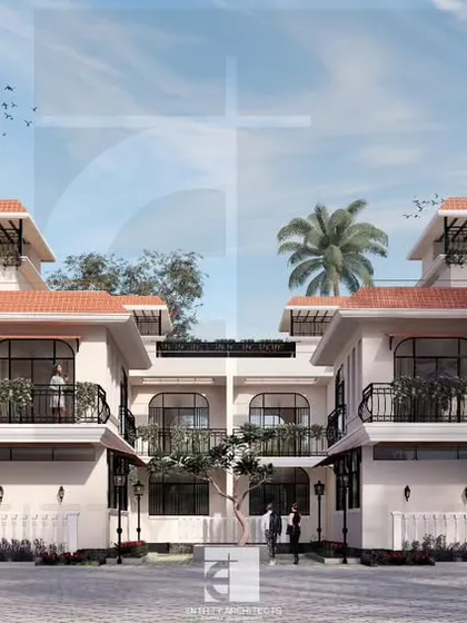 A proposed bungalow scheme in Tungarli, Lonavala, that blends traditional aesthetics with modern amenities. The design includes classic sloping roofs, arched windows, and private garden spaces with individual swimming pools, creating a harmonious and luxurious living experience.