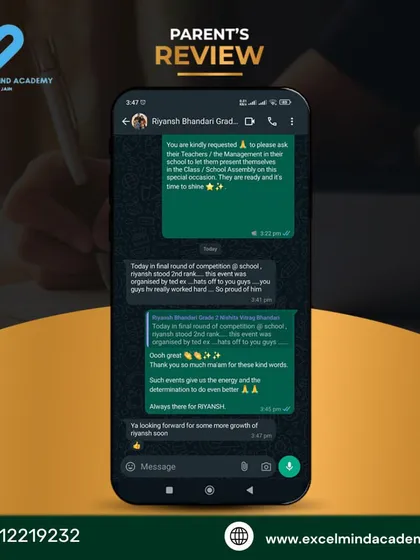 This parent shares a WhatsApp conversation showing their pride in their child's 2nd rank in a competition, and thanks us for our energy and determination.