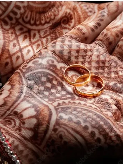 The wedding rings, a symbol of your commitment, resting on the bride's intricate mehendi. I pay close attention to these small but significant details that tell the full story of your wedding.