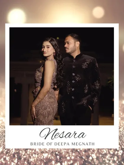 A beautiful polaroid-style shot of the bride and groom. Her Sangeet look is chic and modern, with soft makeup and flowing hair that perfectly complements her glamorous gown.