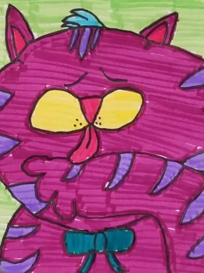 A purple cat with a bow tie. We encourage students to play with color and accessories to make each cartoon character their own.