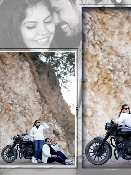 An adventurous and cool shoot with a motorcycle against the rocky mountain terrain. This is perfect for couples who share a love for the open road.