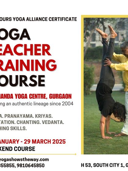 The poster for our weekend Yoga Teacher Training Course in Gurgaon, perfect for those in the city who wish to get certified without taking a month off.