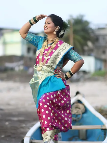 I take immense pride in creating authentic cultural looks. This is a traditional Koli look for Narali Pournima, complete with the typical saree drape and accessories. It’s a celebration of our heritage, perfect for festivals and themed photoshoots.