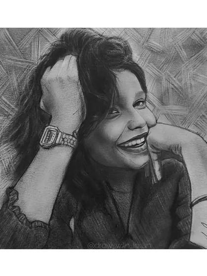 A digitally bordered version of the 6x6 inch graphite portrait, suitable for social media sharing.