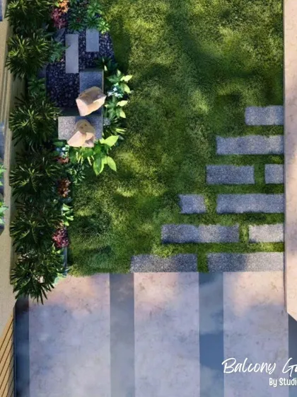 A top-down render detailing the pathway and planting bed design for a balcony garden. This view helps in meticulously planning the hardscaping and softscaping in a compact space.