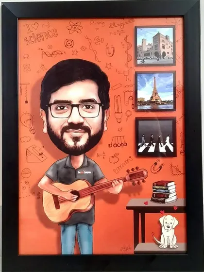 A caricature for a science-loving musician, complete with a guitar, books, a pet, and travel photos.
