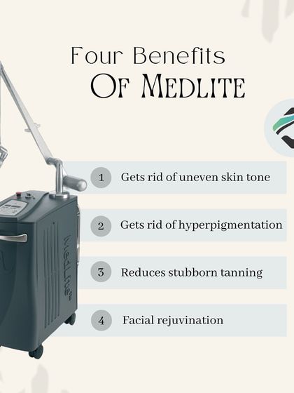 Our Medlite laser machine offers four key benefits. It effectively treats uneven skin tone and hyperpigmentation, reduces tanning, and provides overall facial rejuvenation.