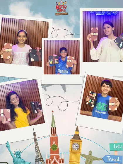 Our summer camps are an adventure in creativity. This collage shows highlights from our 'Around the World' themed camp, where kids designed their own passport notebooks. Each day brought a new country and a new craft to explore.