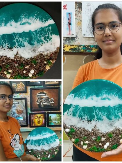 A collage showing a student with her incredible resin art beach scene. You can learn to create these realistic ocean effects, complete with waves and textured sand, in our specialized resin workshops.