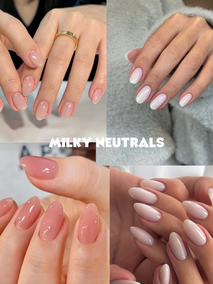 Milky neutrals are perfect for an understated, "your nails but better" look. This collage displays a range of sheer, milky shades from pink to beige that give a healthy, polished, and clean appearance.