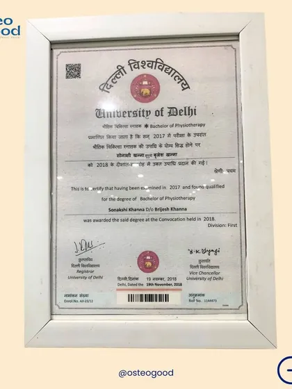 My foundation in physiotherapy comes from one of India's most respected institutions. This is my Bachelor of Physiotherapy degree from the University of Delhi, a testament to the rigorous training that informs my evidence-based practice.