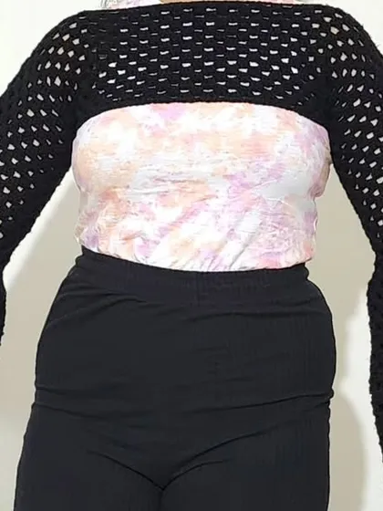 This is my Retro Shrug, a simple yet dramatic piece with extra-long bell sleeves. It's perfect for adding a touch of gothic or boho flair to an outfit.