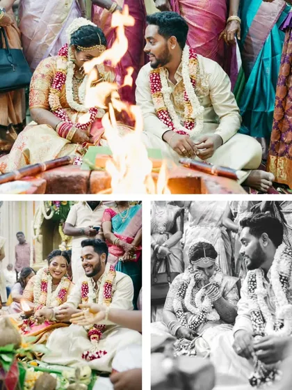 Moments from a South Indian wedding ceremony, including the sacred fire ritual and emotional exchanges.