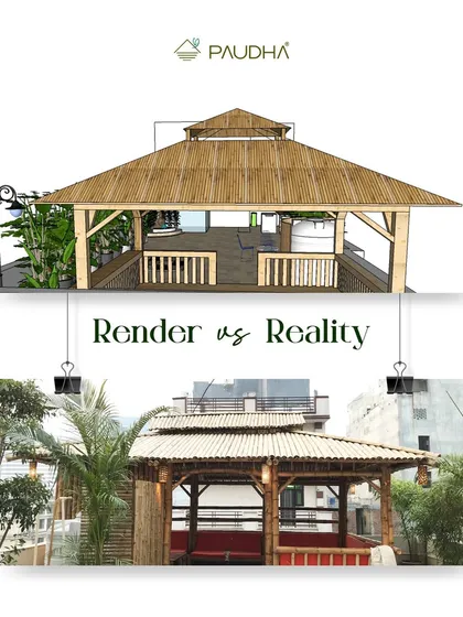 From a 3D render to reality. This image shows how our detailed design visualizations translate into the final product. We planned this beautiful bamboo gazebo to perfection, ensuring the real-life result matches the dream we presented to our client.