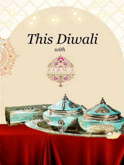 For Diwali, I offer a range of exquisite decor and gifting items. This graphic features a set of beautiful turquoise and gold dry fruit containers on a matching tray, adding a touch of royalty to your celebrations.