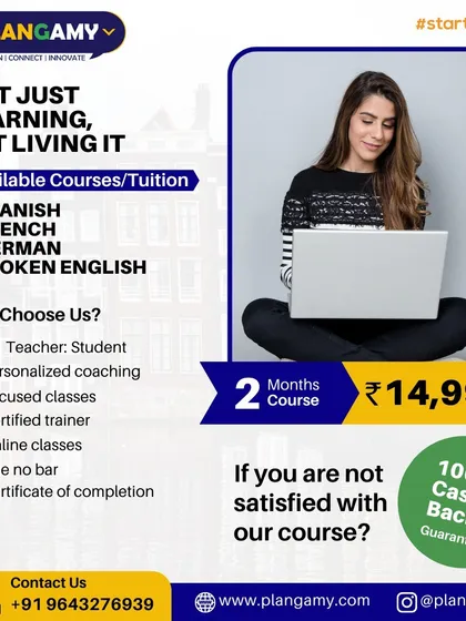 Not just learning, but living it. Our 2-month courses in Spanish, French, German, and Spoken English come with a 100% cash-back guarantee if you are not satisfied.