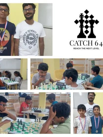 This is our community in action. This collage shows our FIDE-rated coach celebrating a student's victory, alongside images of focused group sessions, highlighting our blend of expert guidance and peer learning.