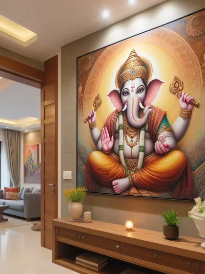 Invite blessings and positive energy into your home with a custom Ganesha painting. Ideal for an entryway or foyer, this piece was commissioned to align with Vaastu principles, creating a welcoming and auspicious first impression for all who enter. We work with you to ensure the artwork's symbolism and placement are perfect for your space.