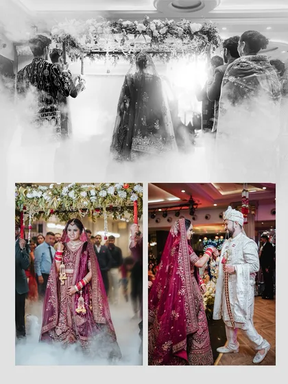 A creative collage showing the bride's entry, using both black and white and color to create a dramatic effect.